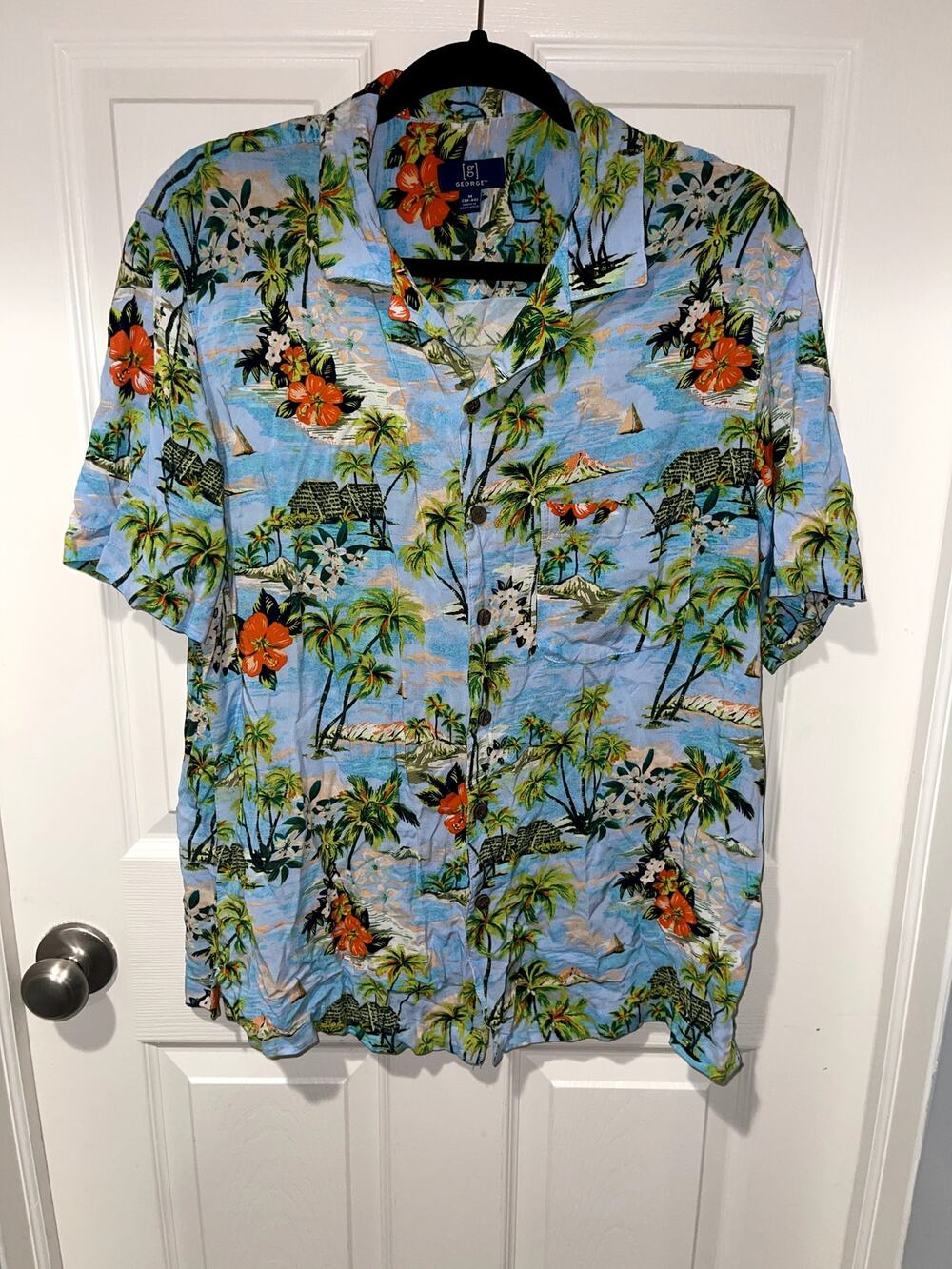 George Light Blue Tropical Floral Hawaiian Camp Shirt